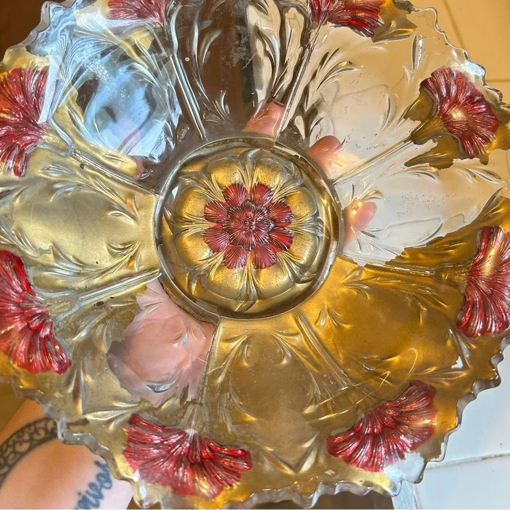 Antique Goofus Glass Bowl Red Carnation Gold Scalloped Intaglio Floral Dish MCM